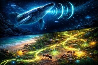 Állatok közötti kommunikációt ábrázoló, élénk, részletekkel teli jelenet, zajok nélkül