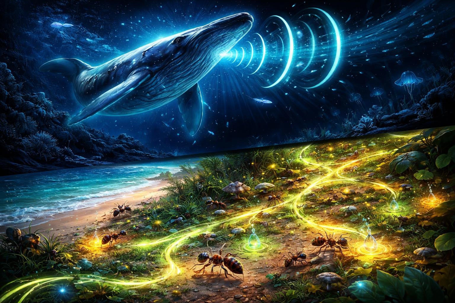 Állatok közötti kommunikációt ábrázoló, élénk, részletekkel teli jelenet, zajok nélkül