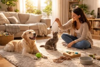 Vidám háziállat kiegyensúlyozott élettel gazdival, fejlesztő játékokkal és közös figyelemmel