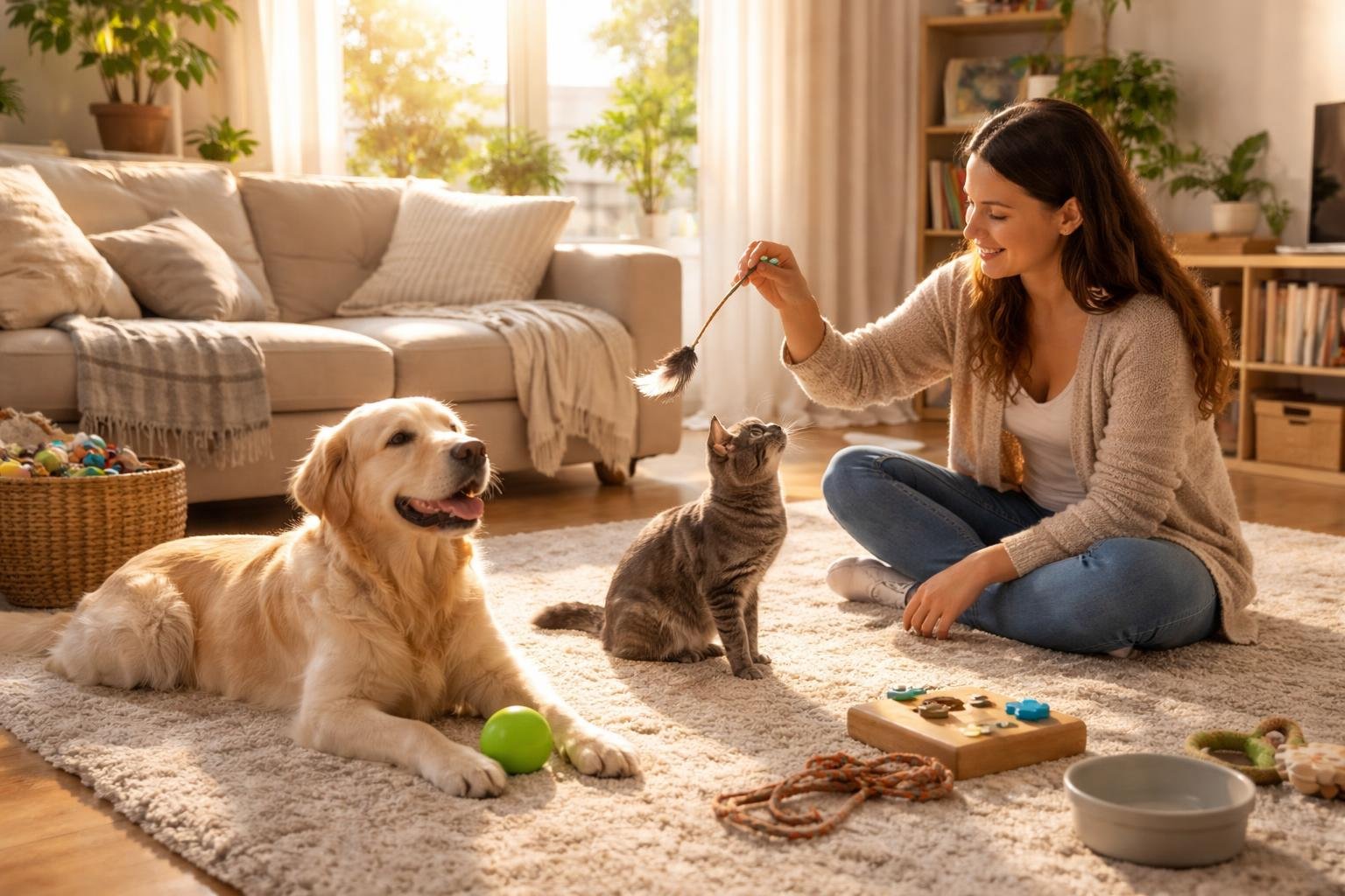 Vidám háziállat kiegyensúlyozott élettel gazdival, fejlesztő játékokkal és közös figyelemmel