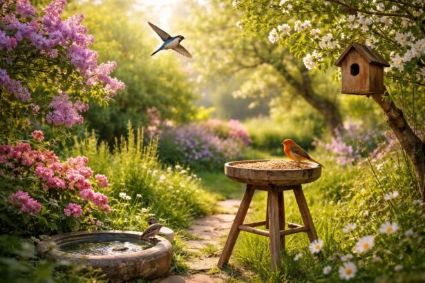 Házikerti madarak sokszínű világa, füsti fecske repülése és széncinegék csicsergése.