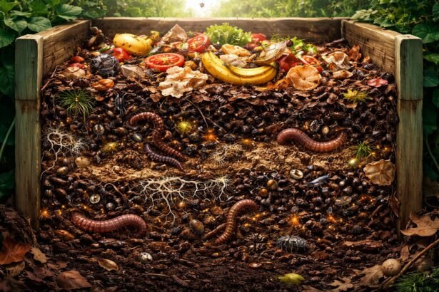 Kerti komposztáló dinamizmusát ábrázoló kép, bomlók, mikrobák, féreg- és baktérium-populációk