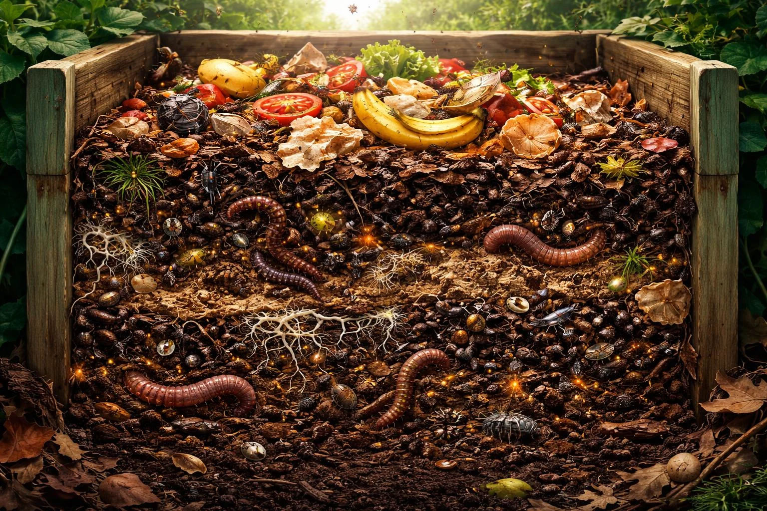 Kerti komposztáló dinamizmusát ábrázoló kép, bomlók, mikrobák, féreg- és baktérium-populációk
