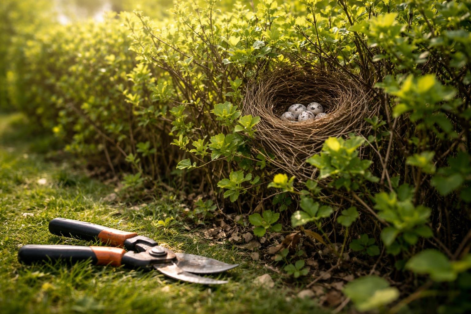 Fészekvédelmet szem előtt tartó tavaszi metszés: madárfiók és növényi kockázatok