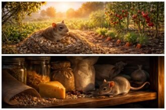 Kertben sétáló güzüegér és házi egér árnyékos kombinációja, különbségek hangsúlyozva