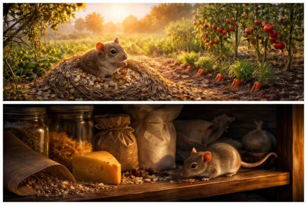 Kertben sétáló güzüegér és házi egér árnyékos kombinációja, különbségek hangsúlyozva