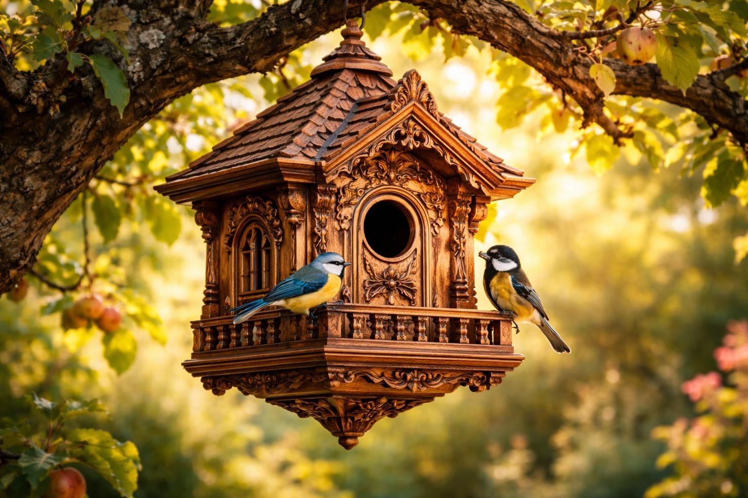 Luxus madárodú az almafa ágain, biztonságos költőhely kék cinegéinek és más madaraknak