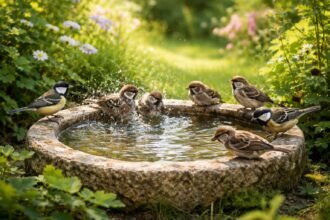 Kerti madárfürdő madarakkal és friss vízzel a forró nyárban, téli napokon