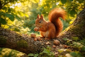 Vörös mókus hintázik a diófa ágai között a kertben, mókásan.