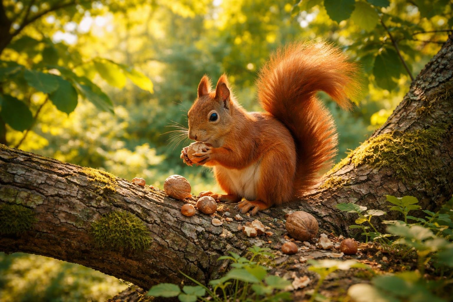 Vörös mókus hintázik a diófa ágai között a kertben, mókásan.