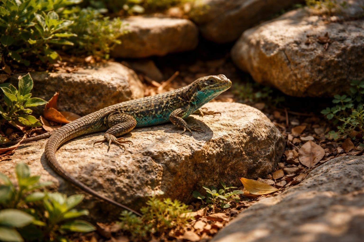 Fürge gyík a köveken napozik egy sziklakertben, körülötte növények, rovarok kerülgetik.
