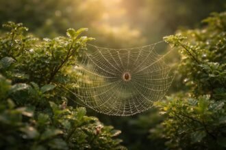 Reggeli harmatban csillogó pókháló a bokrok között, lassú szélben, életet idézve