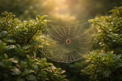 Reggeli harmatban csillogó pókháló a bokrok között, lassú szélben, életet idézve