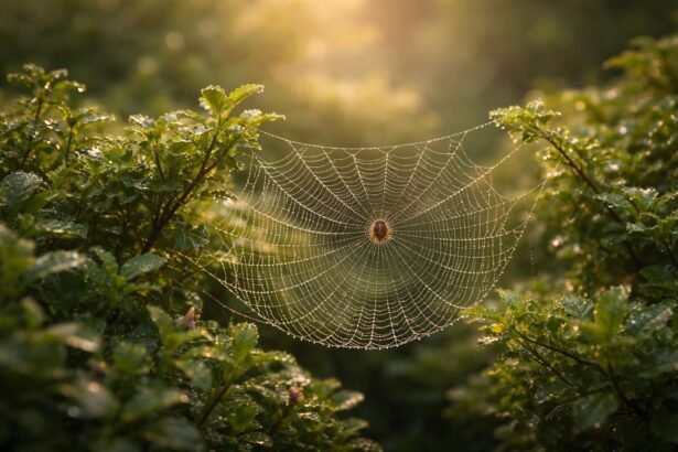 Reggeli harmatban csillogó pókháló a bokrok között, lassú szélben, életet idézve