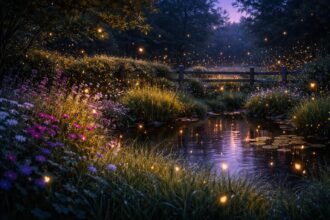 Nyári éji kertben fénylő szentjánosbogarak tánca a lombos bokrok között