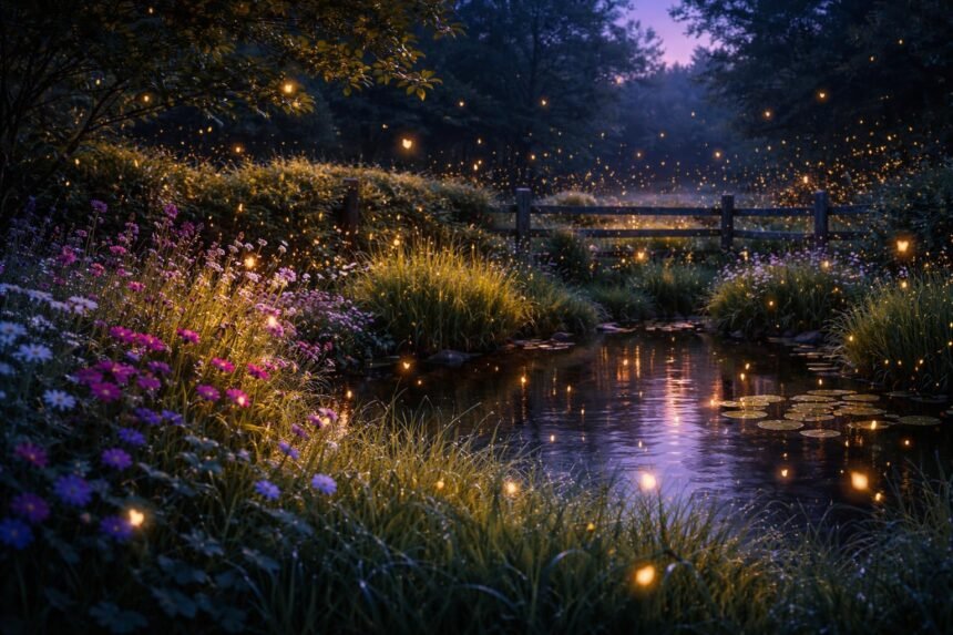 Nyári éji kertben fénylő szentjánosbogarak tánca a lombos bokrok között