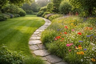 Vadvirágos gyep és angolpázsit közötti összehasonlítás a modern kertben, biodiverzitás témában