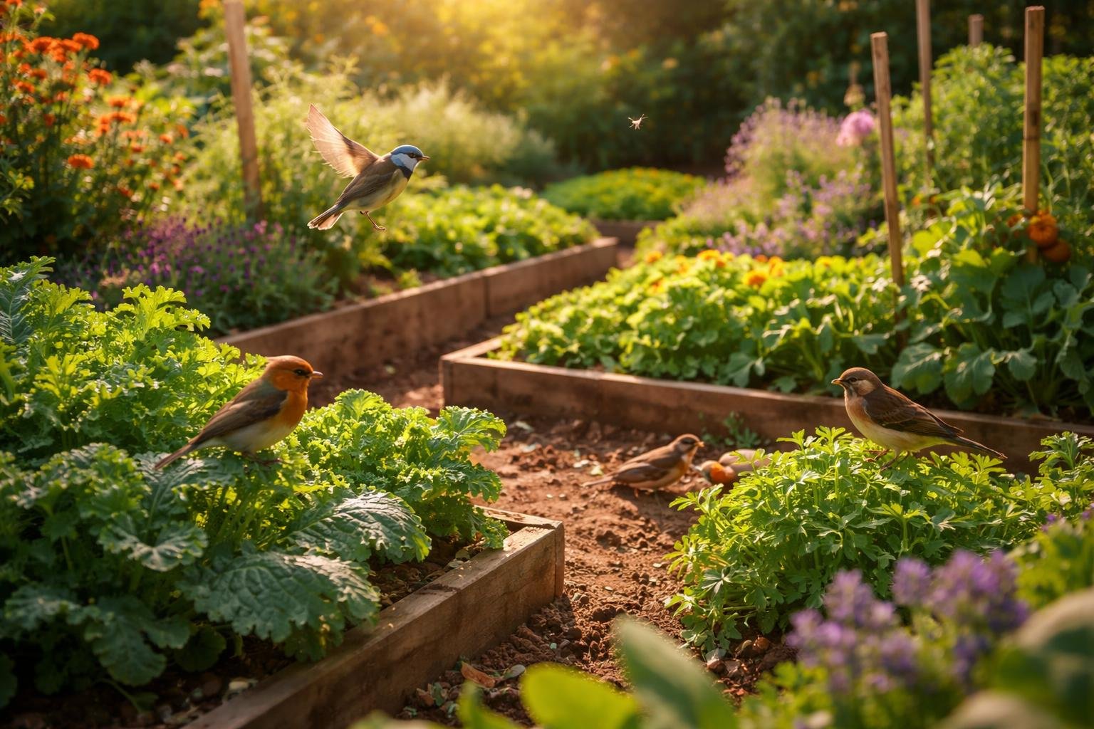 Madár a kertben, amely természetes egyensúlyt teremt rovarok ellen, vegyszermentesen.