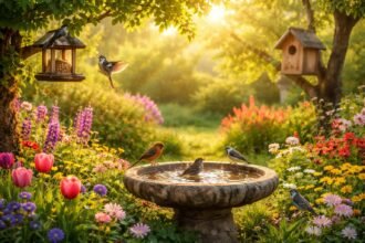 Vidám tavaszi kert madárvendégei etetőnél virágok és fák árnyékában megfigyelhetők