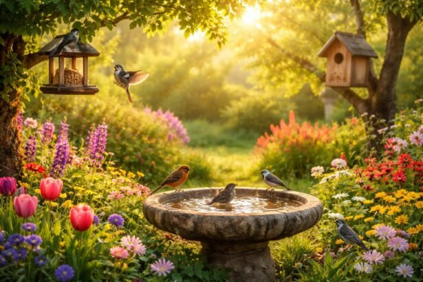 Vidám tavaszi kert madárvendégei etetőnél virágok és fák árnyékában megfigyelhetők