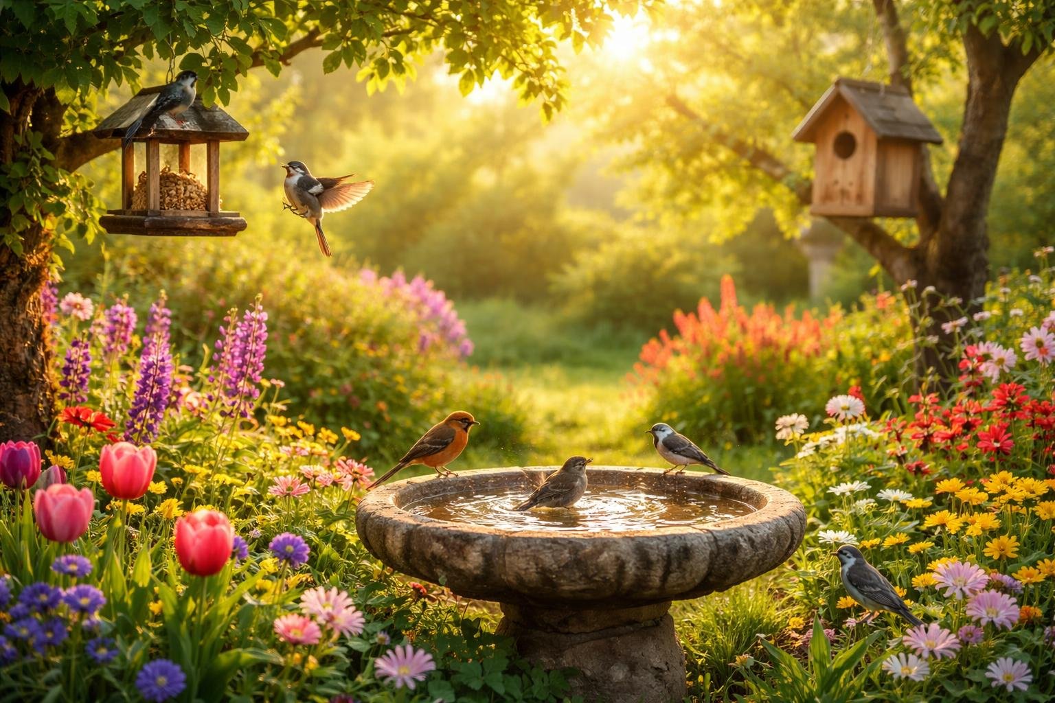 Vidám tavaszi kert madárvendégei etetőnél virágok és fák árnyékában megfigyelhetők