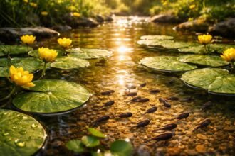 Vízitök levelek és ebihalak a tavában tavasszal feléledve, élővilág gazdagsága