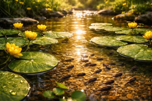 Vízitök levelek és ebihalak a tavában tavasszal feléledve, élővilág gazdagsága