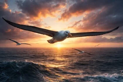 Óriás albatroszok a végtelen óceán felett, hosszú szárnyakkal precízen vitorlázva.