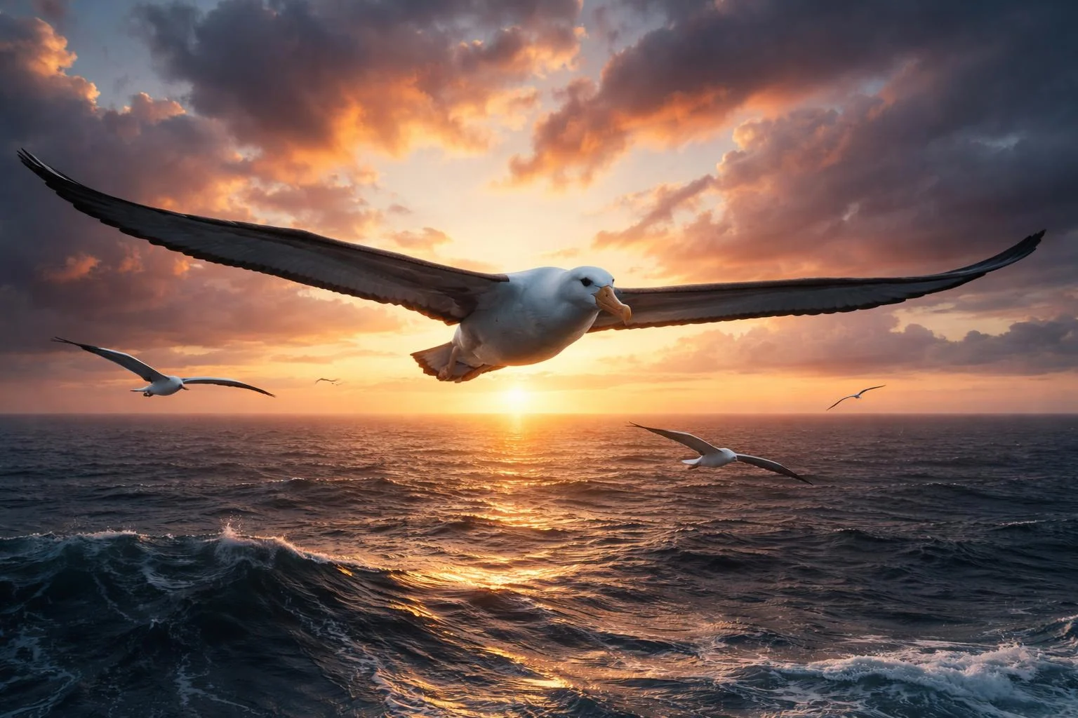 Óriás albatroszok a végtelen óceán felett, hosszú szárnyakkal precízen vitorlázva.