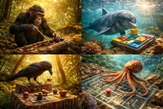 Intelligens állatfajok tevékenységeit ábrázoló kép: delfin, elefánt, holló és koala