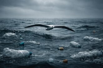 Albatrosz a nyílt tengeren, csőrében műanyagdarabokkal táplálékot keresve, figyelmet keltve
