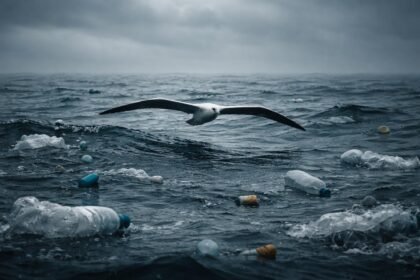 Albatrosz a nyílt tengeren, csőrében műanyagdarabokkal táplálékot keresve, figyelmet keltve