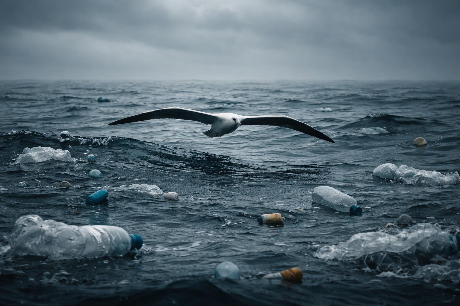 Albatrosz a nyílt tengeren, csőrében műanyagdarabokkal táplálékot keresve, figyelmet keltve