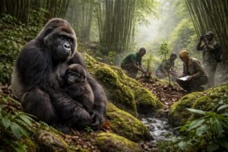 Gorillák a Virunga és Bwindi területeken, közösségi védelem alatt, együttműködésben.