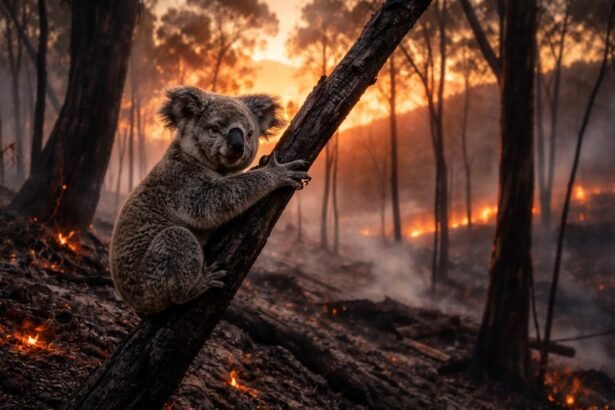 Koalák Ausztráliában élőhelyvesztés, erdőtüzek, urbanizáció és felhős ég alatt küzdenek a fenntarthatóság kihívásaival.