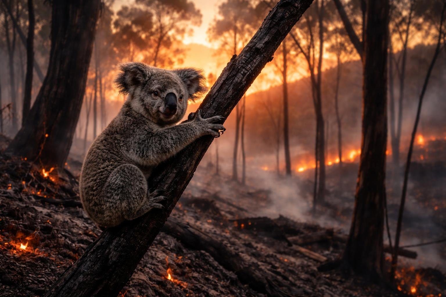 Koalák Ausztráliában élőhelyvesztés, erdőtüzek, urbanizáció és felhős ég alatt küzdenek a fenntarthatóság kihívásaival.