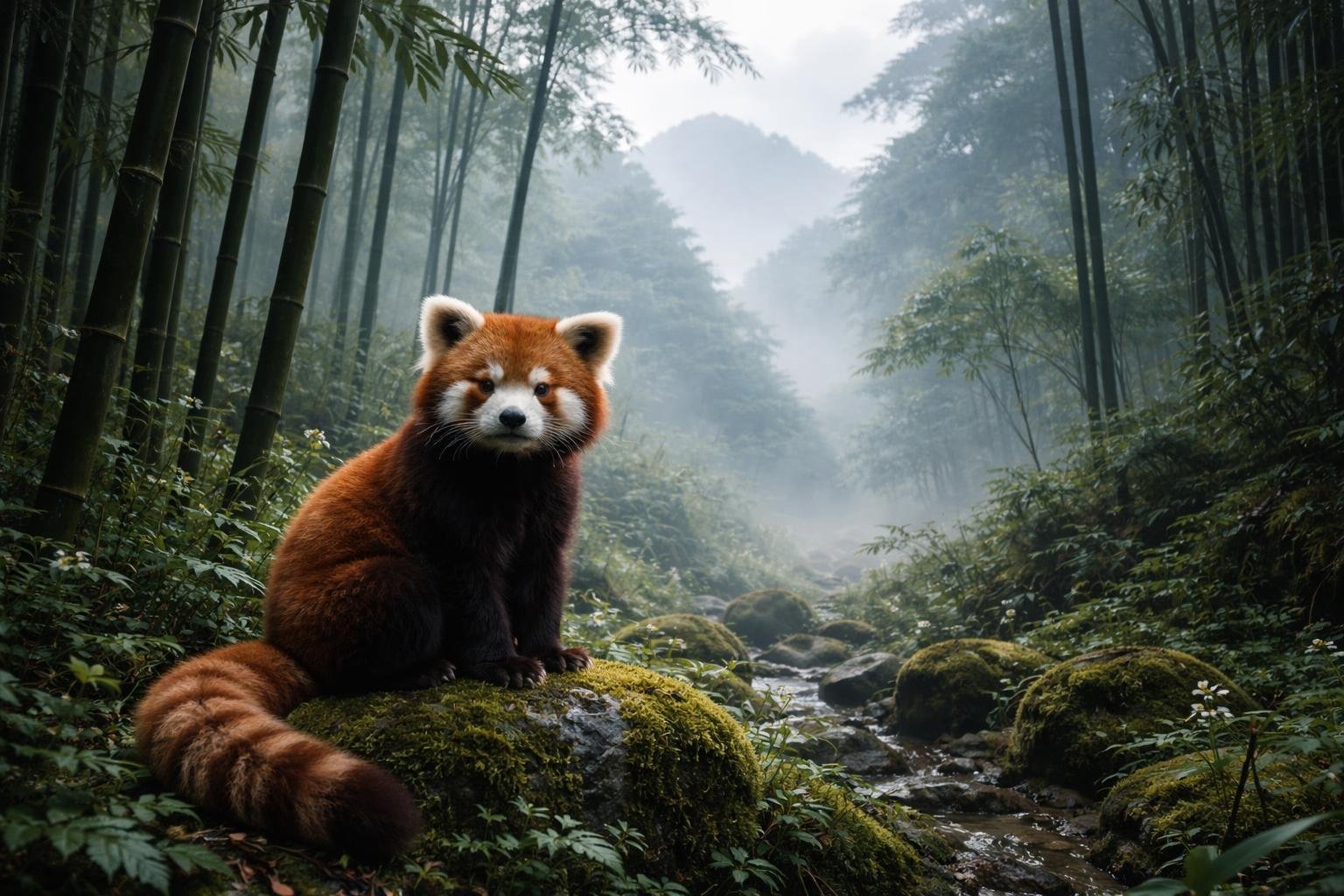 Vörös panda a magashegyi bambuszerdőben, patak mellett üldögélve, éber szemekkel figyelve a környezetet